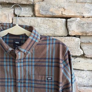Vans Men's Flannel plaid button down shirt heavy brown blue size small